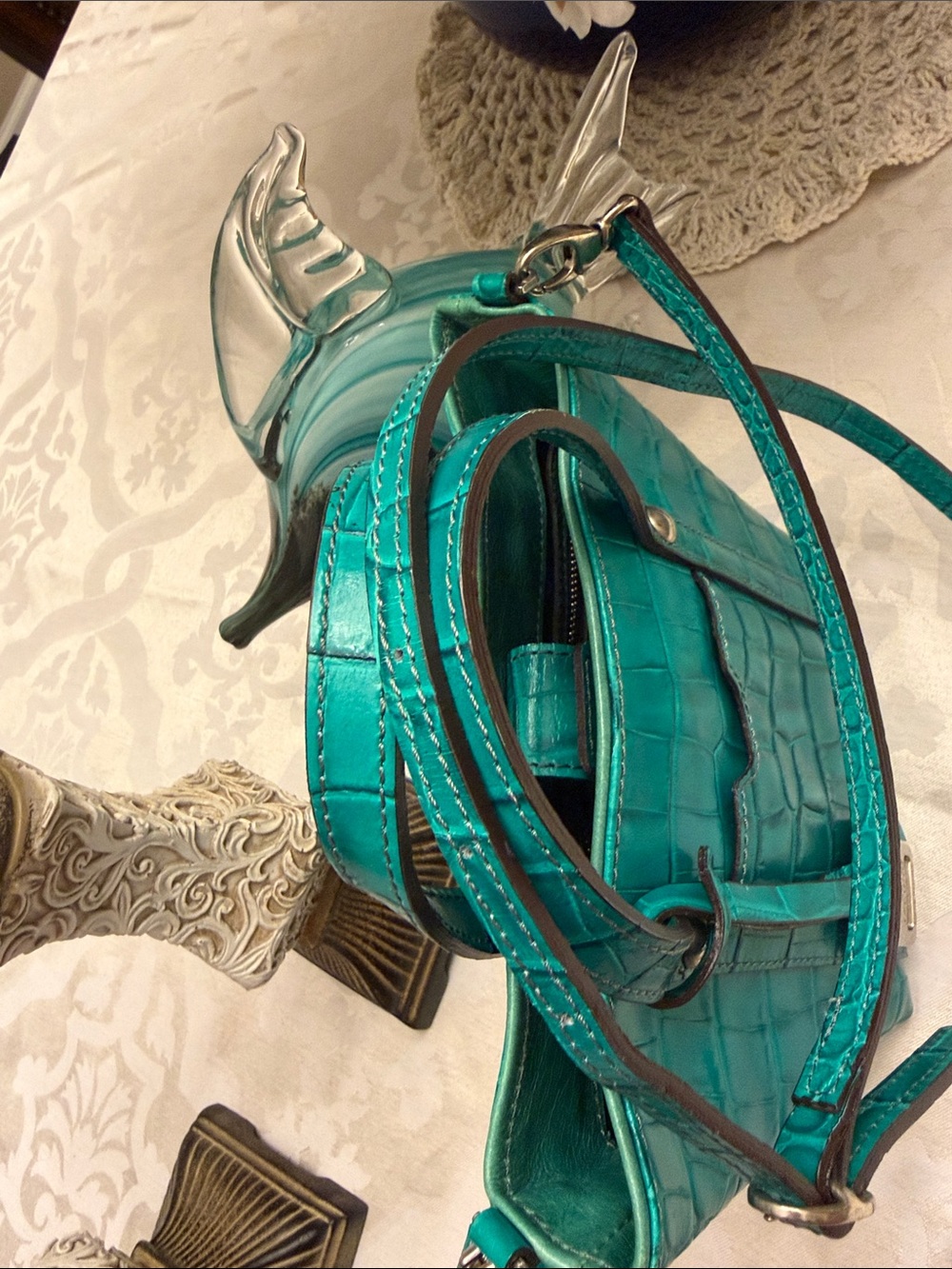 Teal Croc-Embossed Italian Leather Mini Tote with Crossbody Strap - Picture 7 of 7